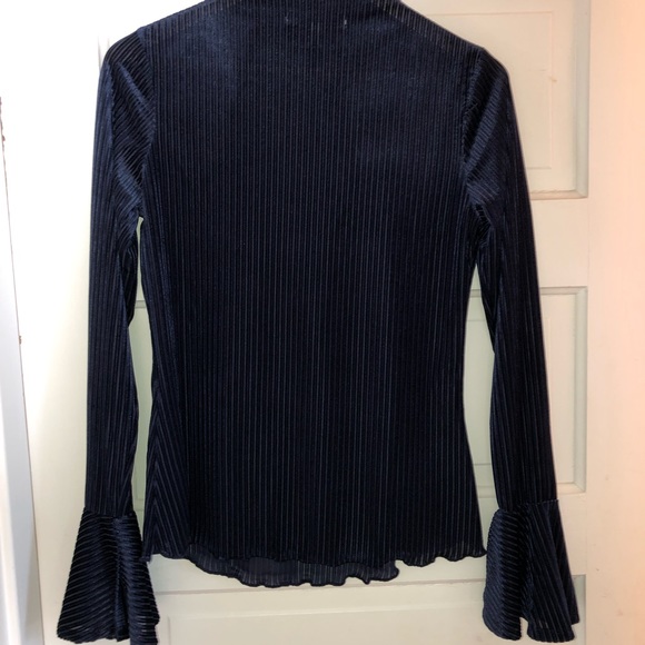Deep blue, velour and ribbed bell sleeve shirt - Picture 1 of 3